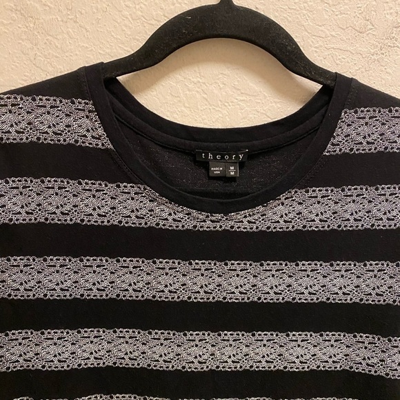 Theory Black & White Cherry Lace Print Striped T-Shirt Mini Dress Size Medium - Picture 3 of 8